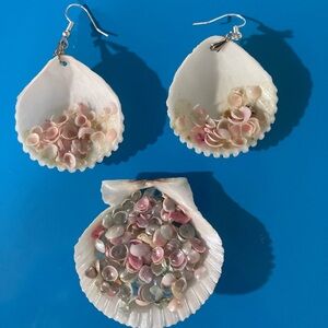 1960’s VTG Shell Earrings & Brooch Pin Handmade Adorable Missing a few Shells